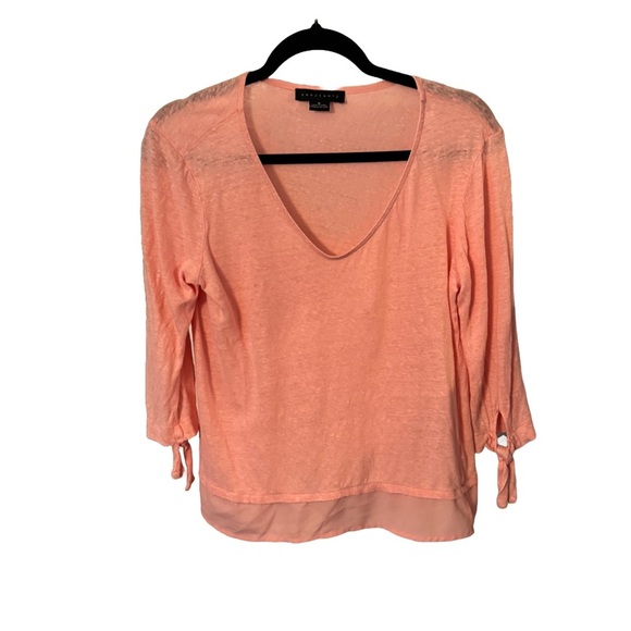 SANCTUARY Women’s Sylvie Tie Sleeve Top LINEN Pink VNeck Size Medium - Picture 1 of 11